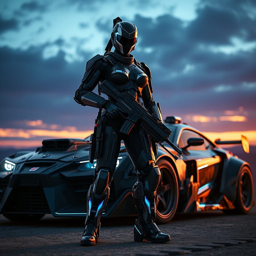 Cyborg Warrior Beside Armored Vehicle in Futuristic Landscap...