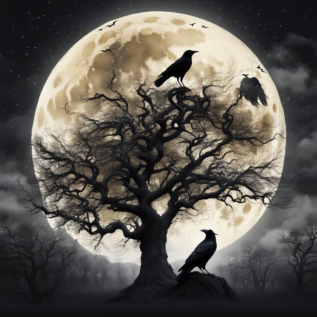 Dramatic Black Tree, Moon, and Crow Digital Painting