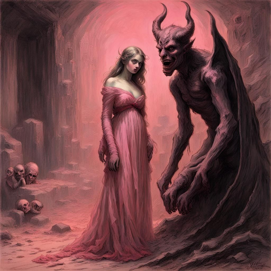 Woman with Demon in Horror Engraving Style