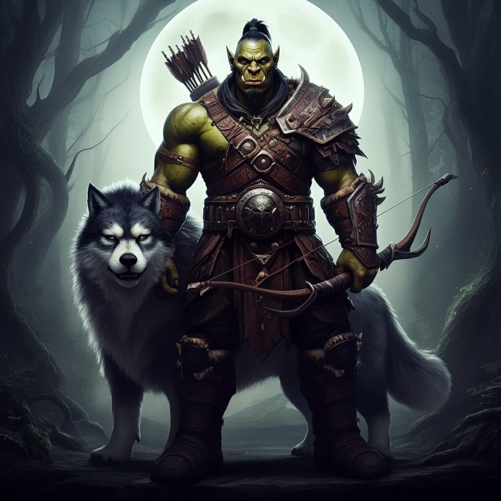 Imposing Orc Beastmaster in a Mystical Moonlit Forest