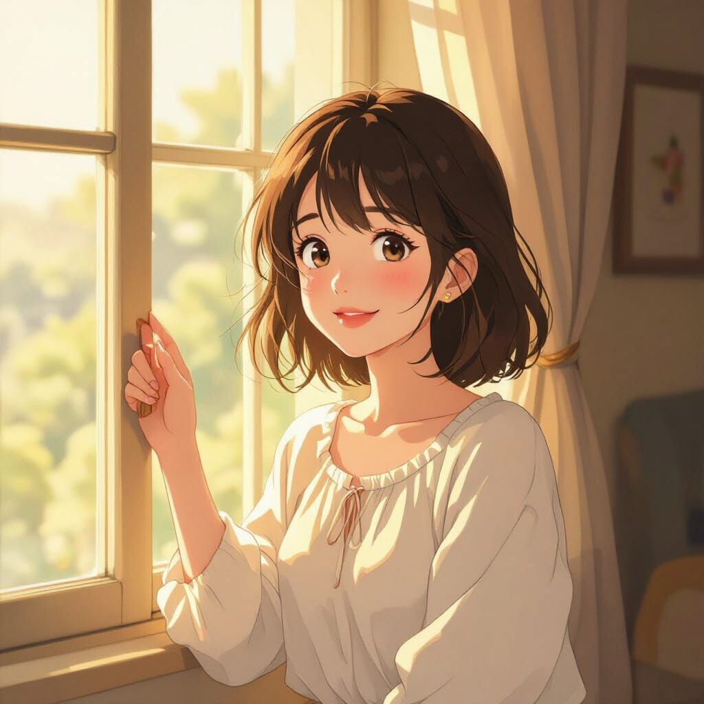 Girl Opening Window to Morning Sunlight, Ghibli Style