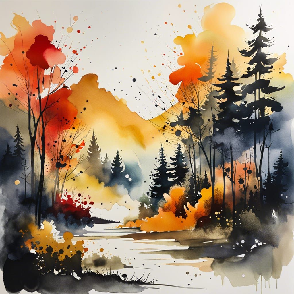 Misty Village Dissolving in Smoke: Ink and Watercolor
