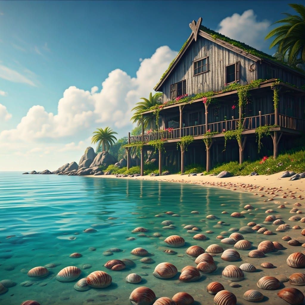 Serene Beach Cottage Scene with Vibrant Seashells