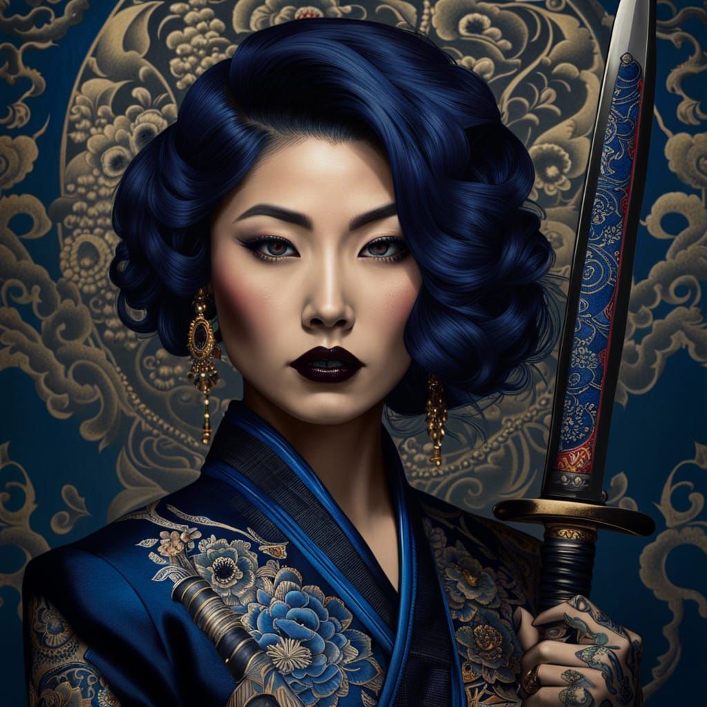 Gothic Japanese Woman with Katana in Hyperrealistic Style