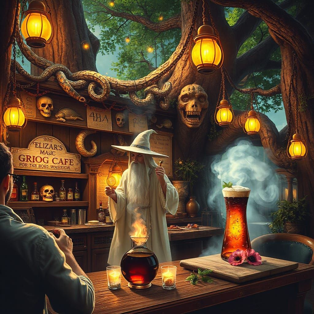 Enchanted Wizard Cafe in Surreal Fantasy Forest