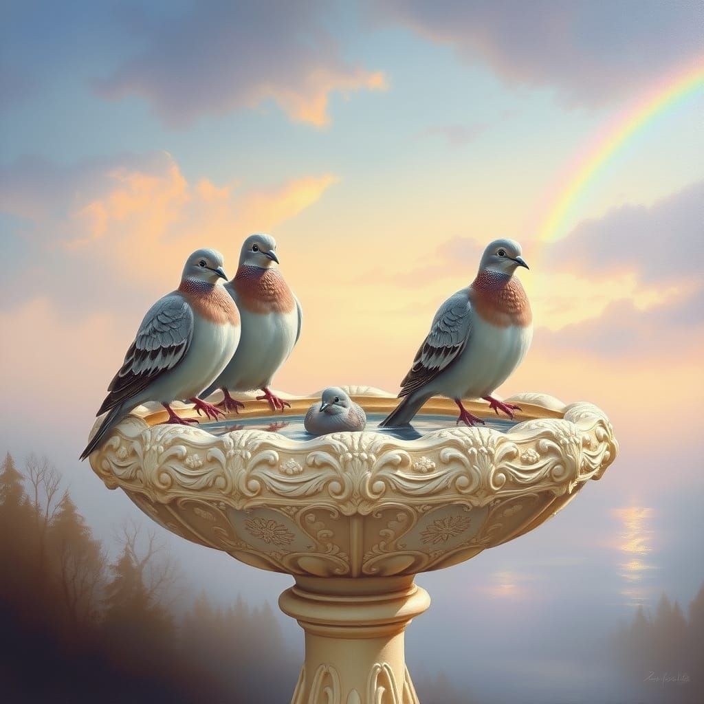 Peaceful Morning Serenity with Mourning Doves and Ivory Bird...