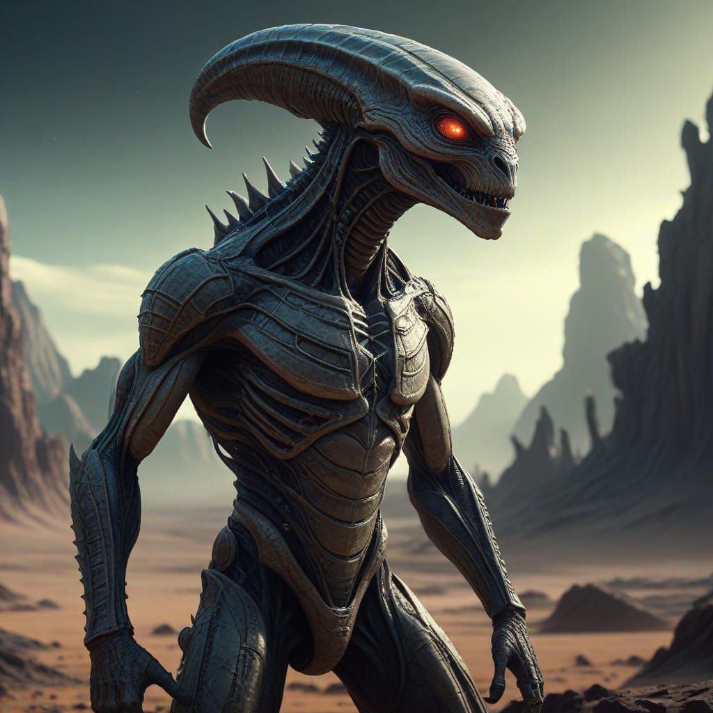 Reptilian Alien on Barren Planet in Sci-Fi Style