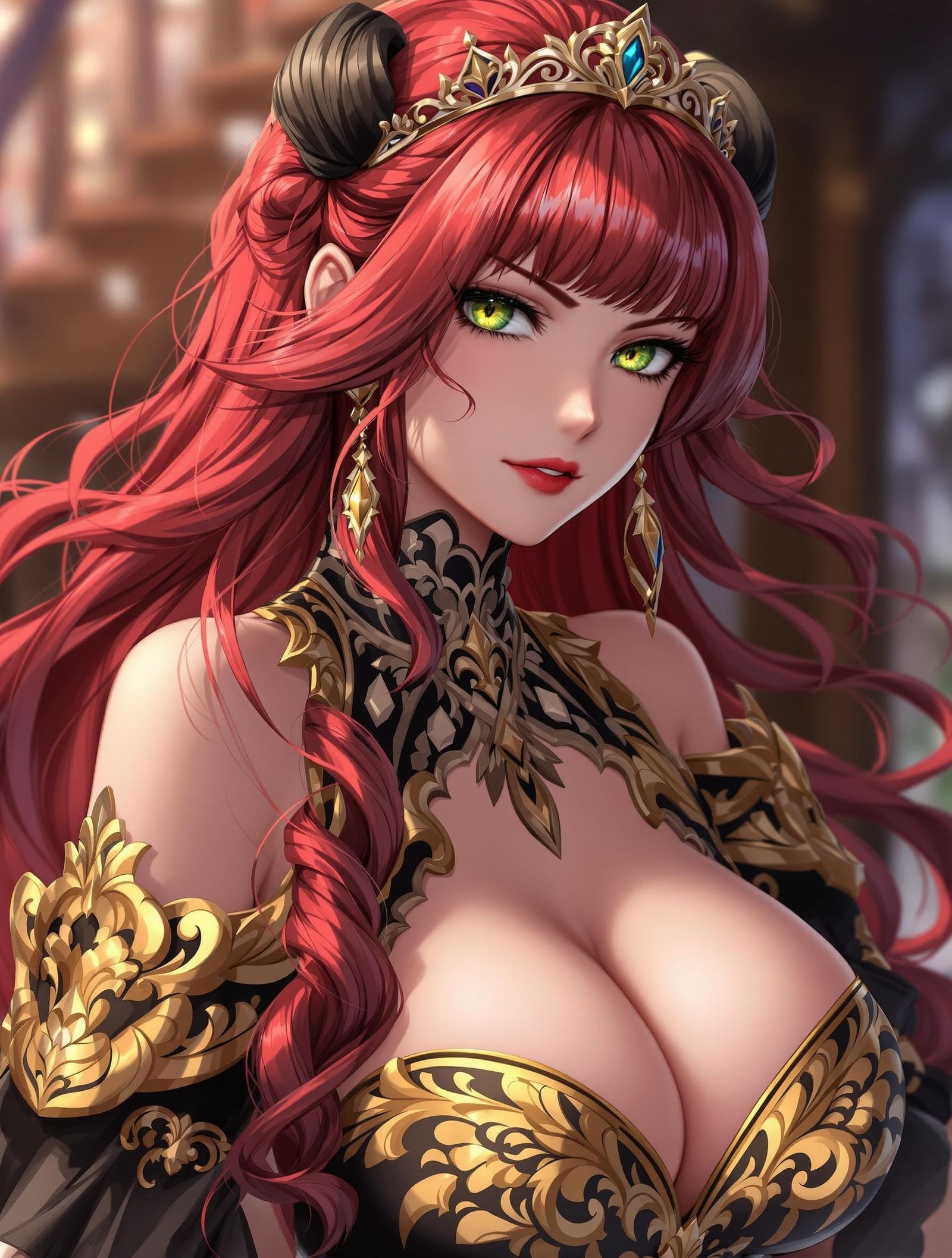 Anime Portrait: Red-Haired Queen in Gold Dress