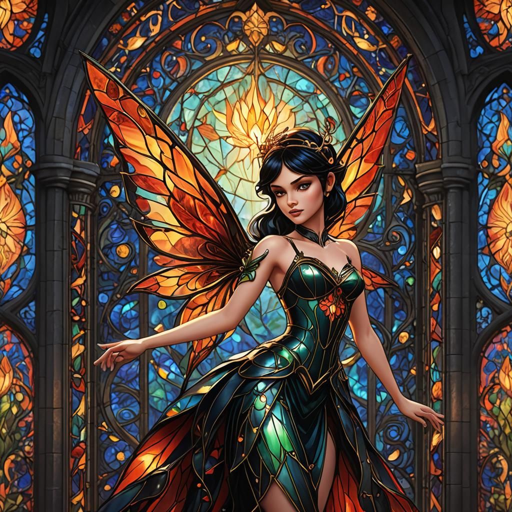 Goth Tinkerbell Fire Fairy in Stained Glass