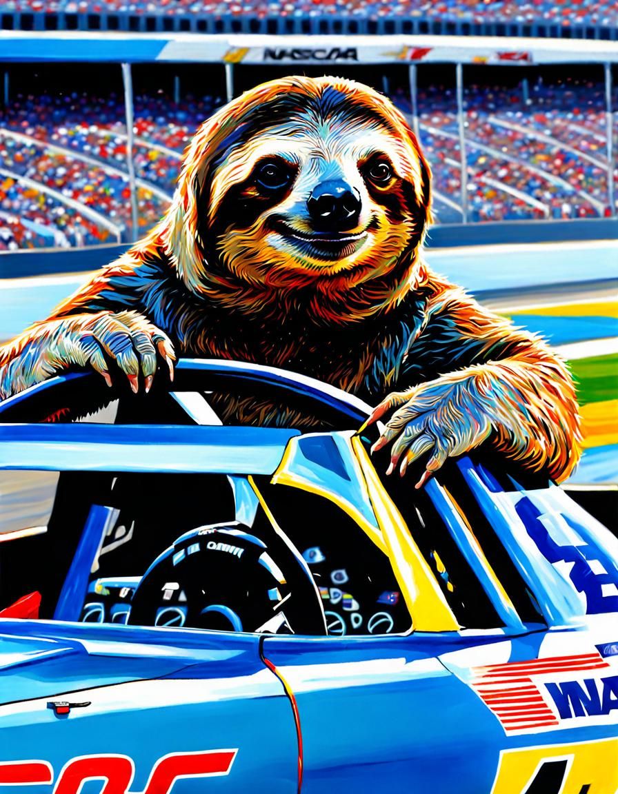 Sloth's Need for Speed: A NASCAR Oil Painting