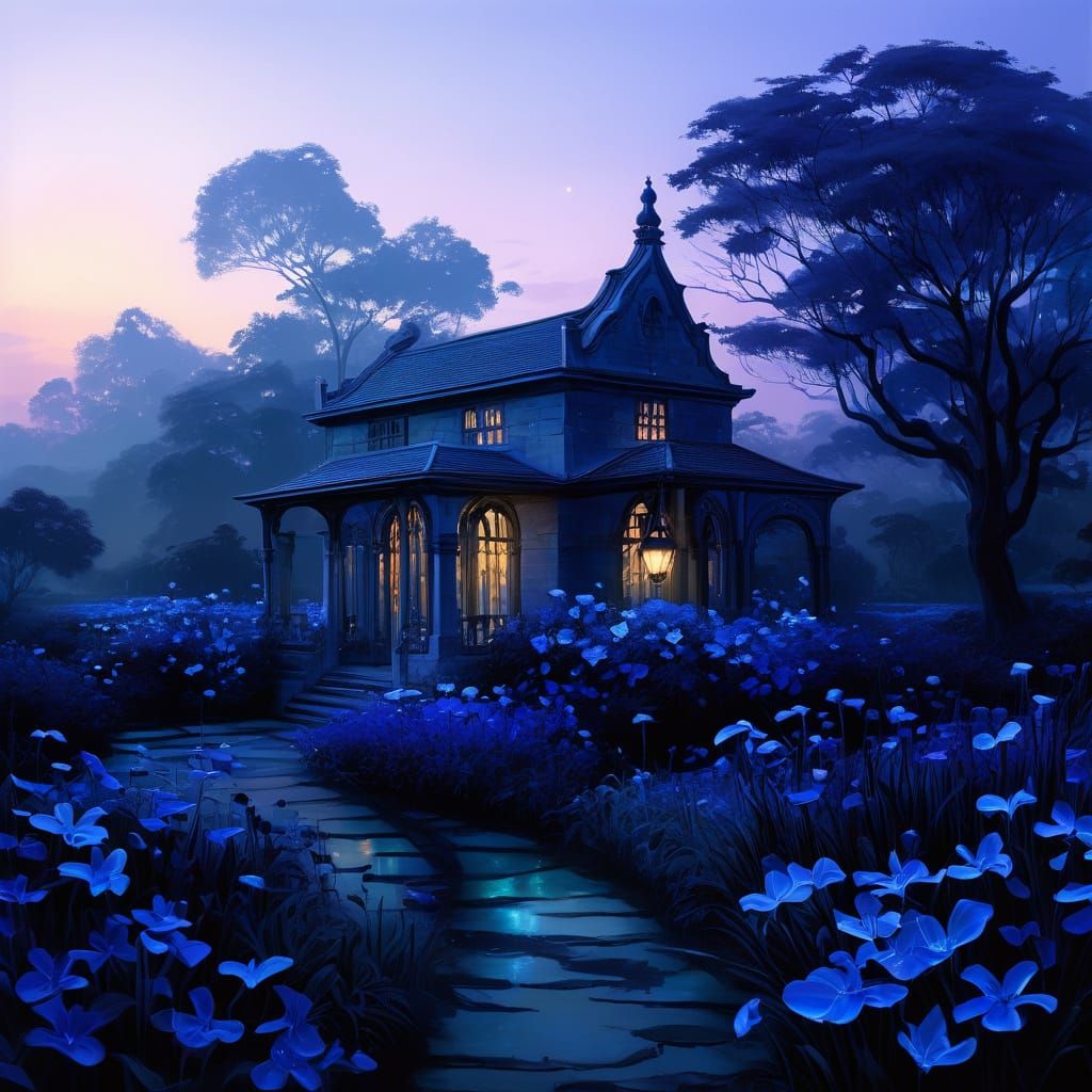 A dreamlike indigo-themed botanical garden bathed in soft tw...