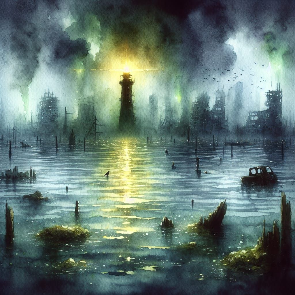 Post-Apocalyptic Lighthouse in Atmospheric Watercolor Painti...