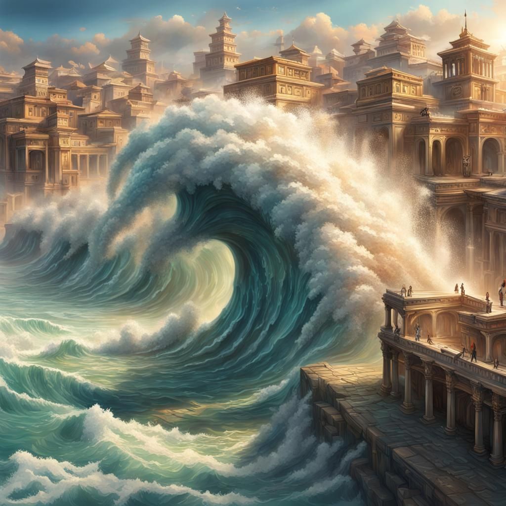 Giant Tidal Wave Over Ancient City: Hyperrealistic Splash Ar...