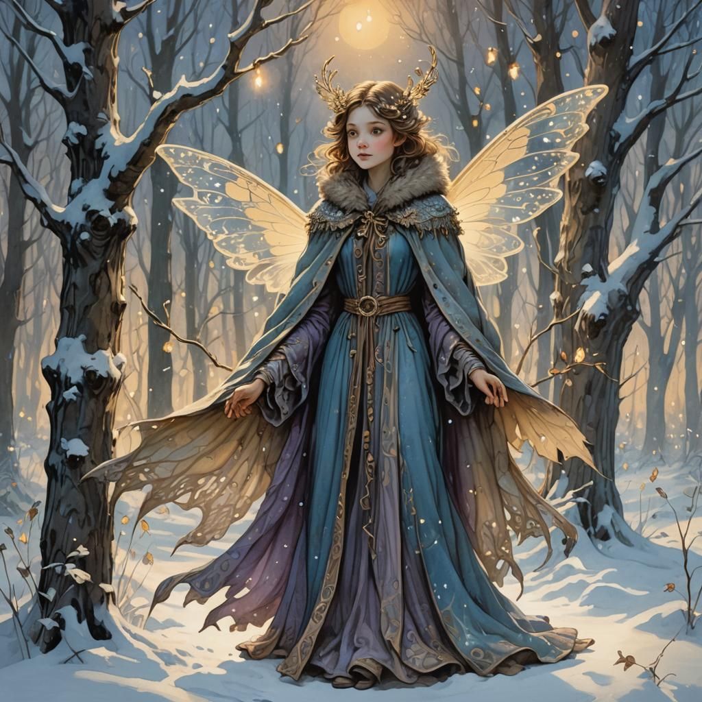 Delicate Winter Fae in Forest Illustration