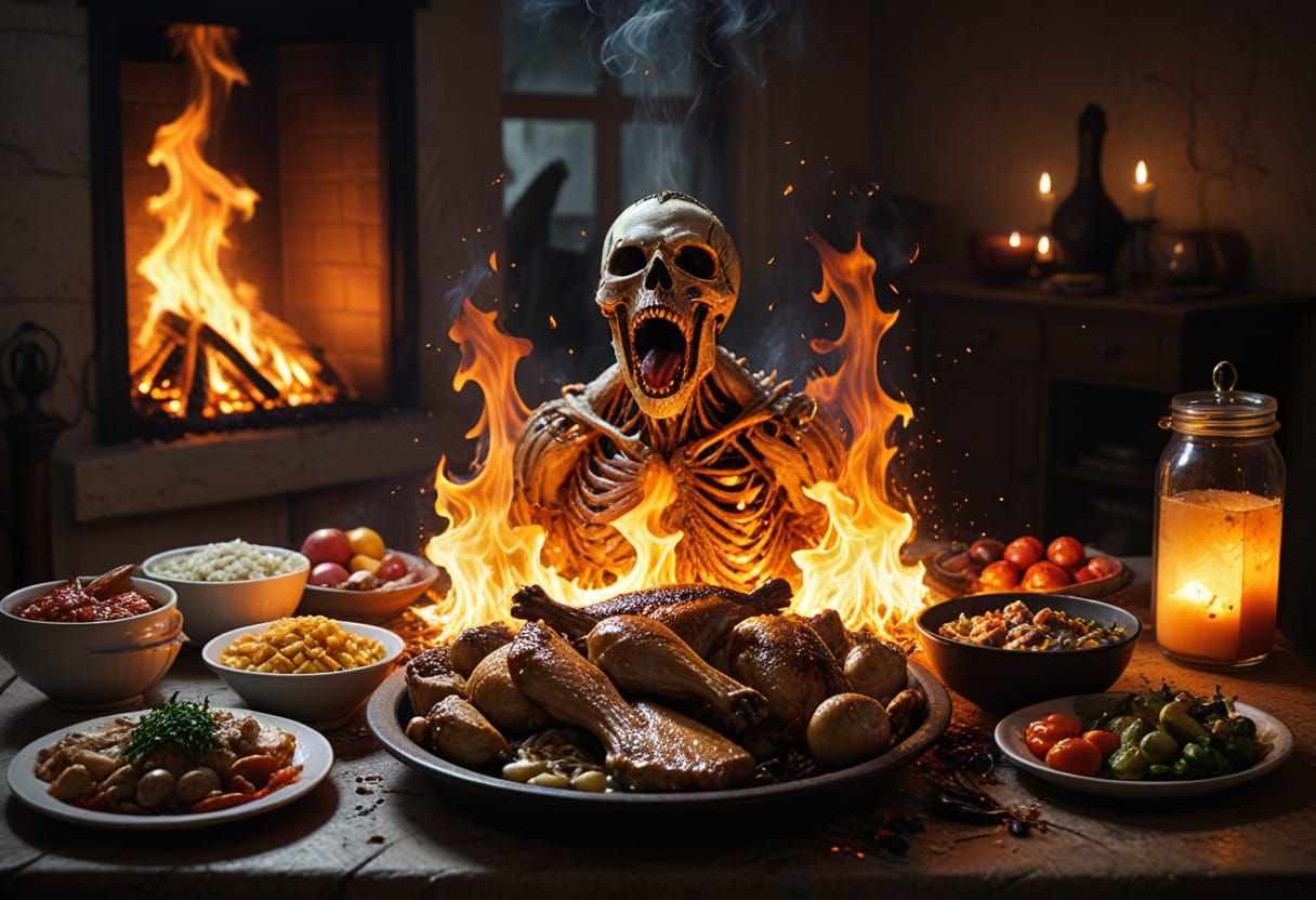 Surreal Still Life of Fiery Chicken Disaster in Fantasy Horr...