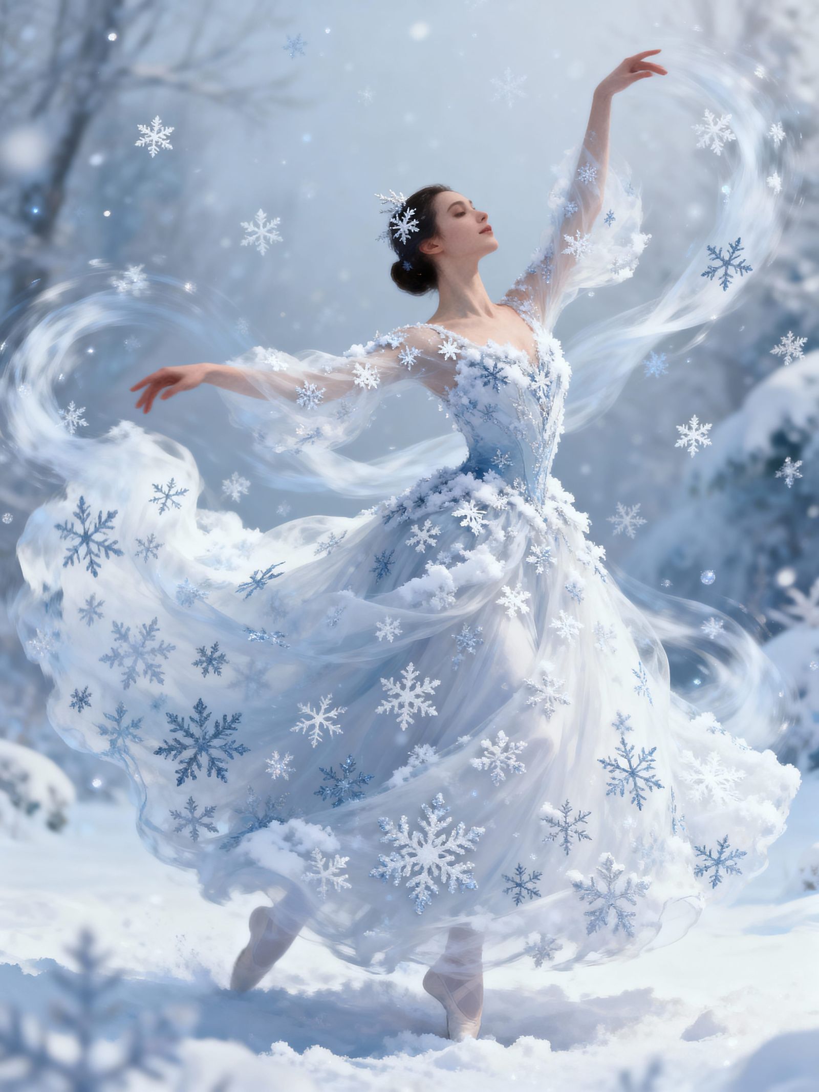 Elegant Dancer in Snow Dress with Swirling Flakes