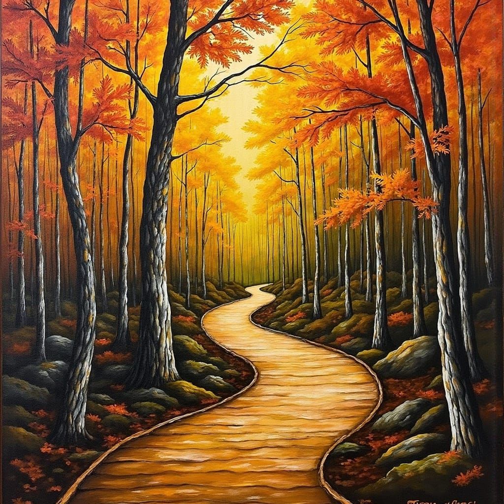 Autumn Forest Path: Hyper-Realistic Impasto Oil Painting