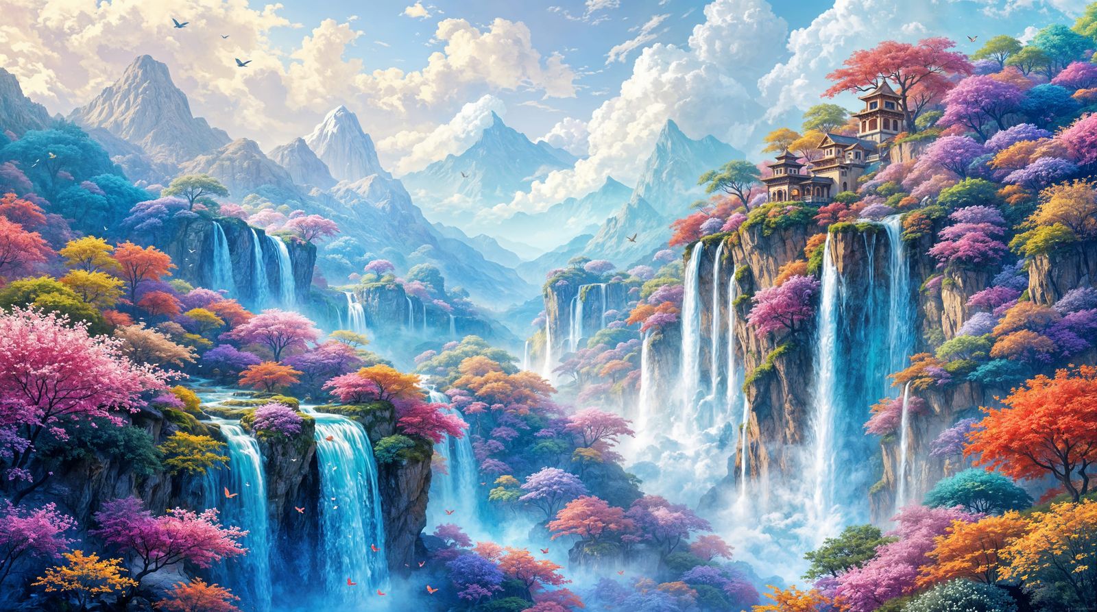 Vibrant Surreal Landscape with Fantastical Flora and Waterfa...