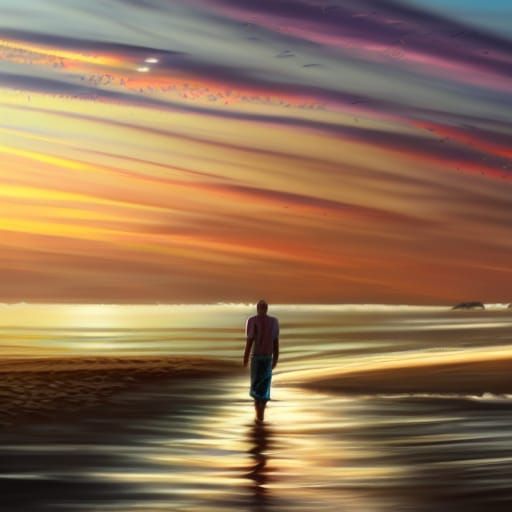 Hyperrealistic Sunset Beach Stroll: Splash Art Style