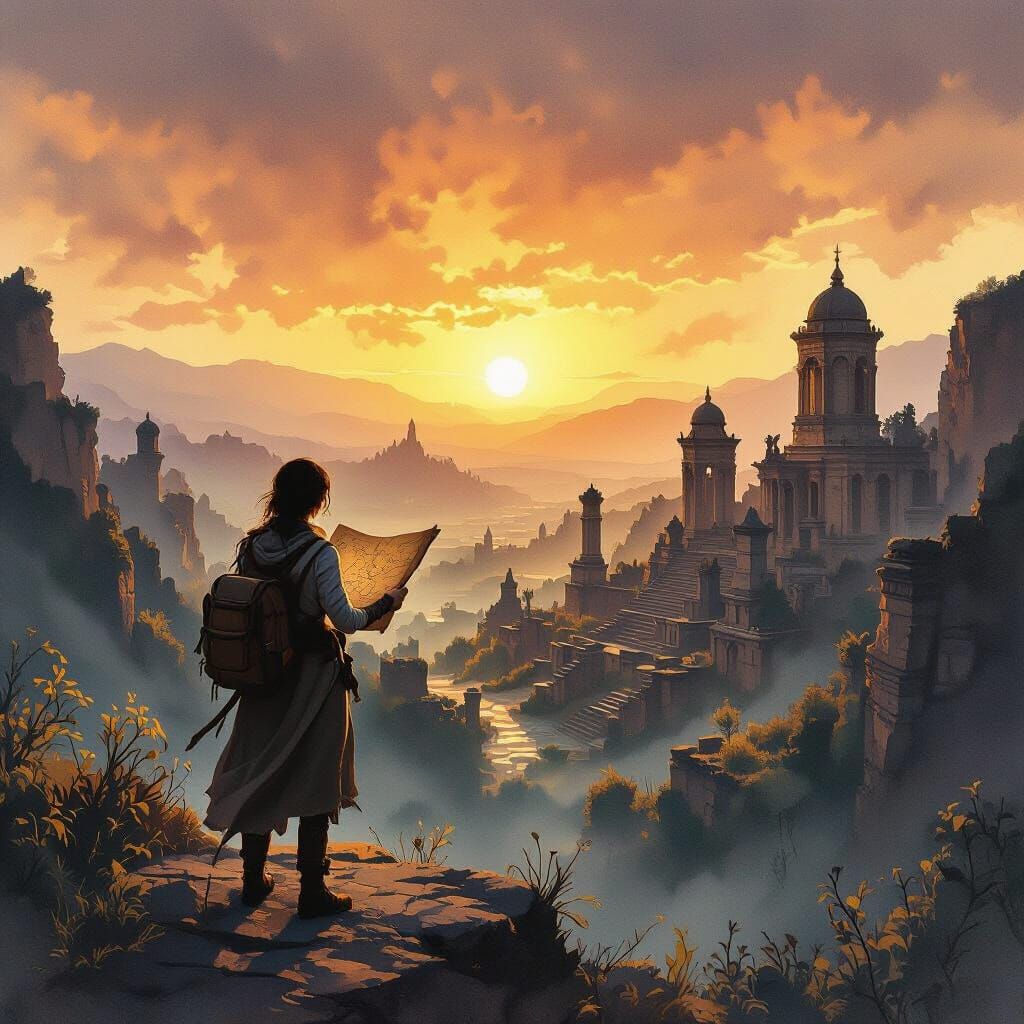 Explorer Discovers Ancient Ruins at Sunset, Magical Realism ...