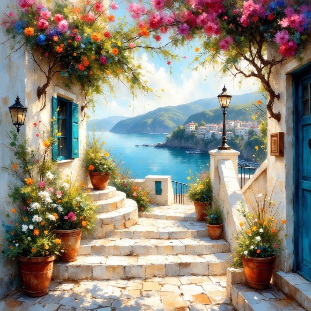 A sun-drenched terrace overlooking a tranquil Mediterranean ...