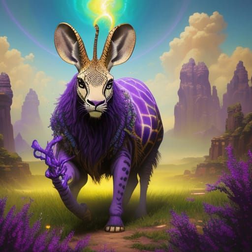 Rabbiraffe Steps Through Portal: Surreal Oil Painting