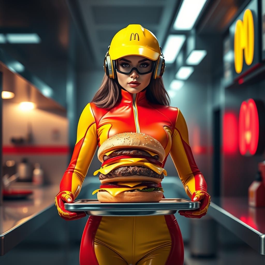 Sleek Hydrobiowoman in McDonald's Uniform, Exuding Confidenc...