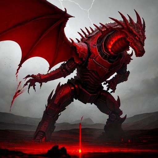Robot Dragon God in Red Lightning Storm