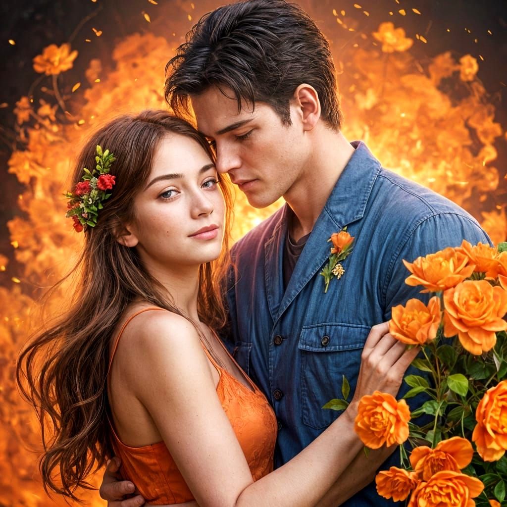 Passionate Embrace Among Fiery Flowers