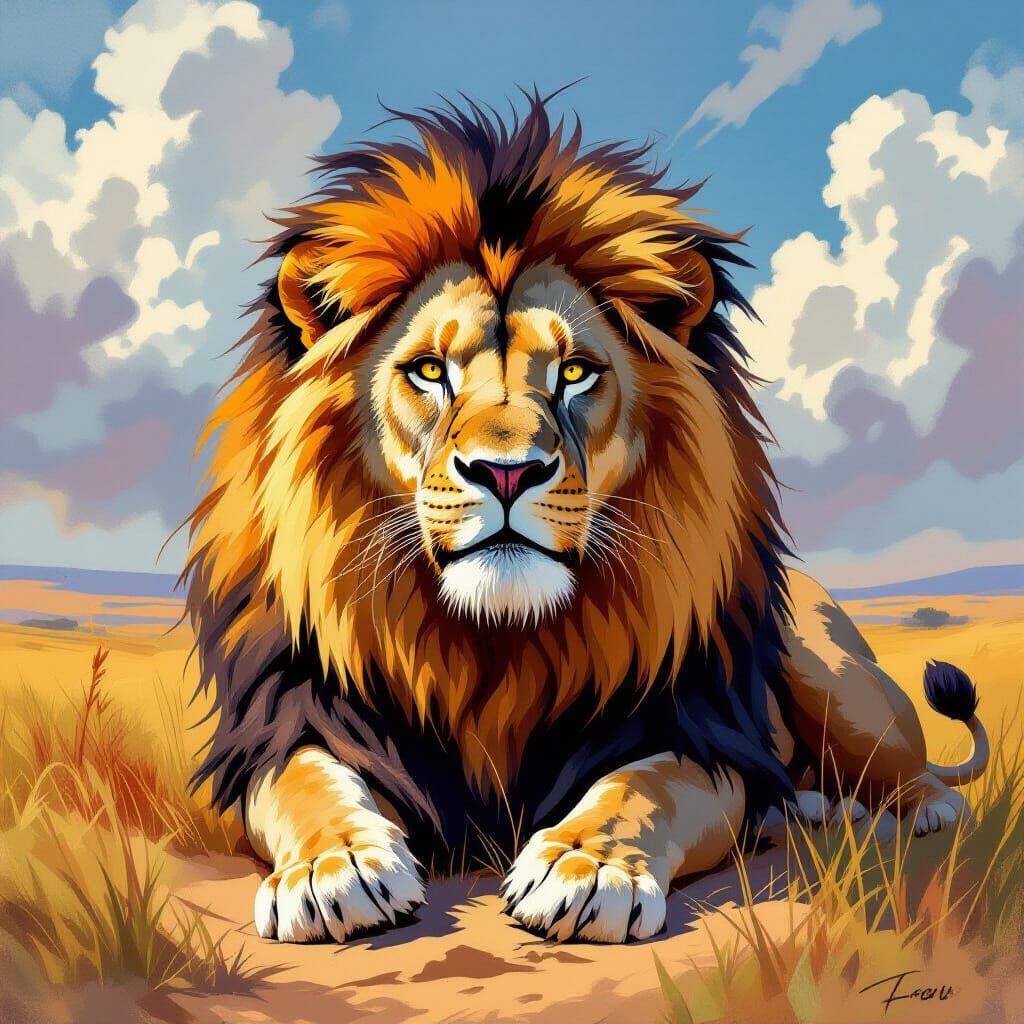 Regal Lion on the Savannah: Dynamic Brushstrokes