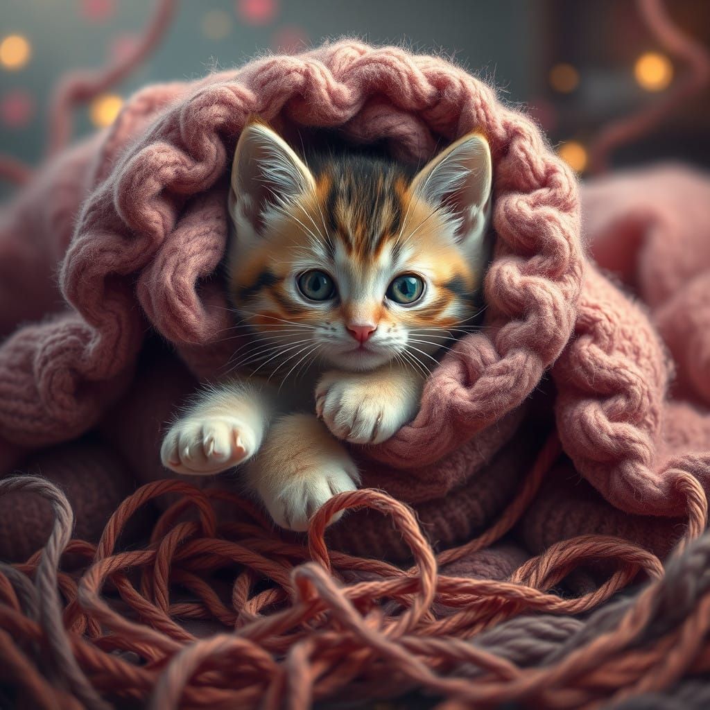 Vibrant Kitten Plays Amongst Whimsical Blanket Threads