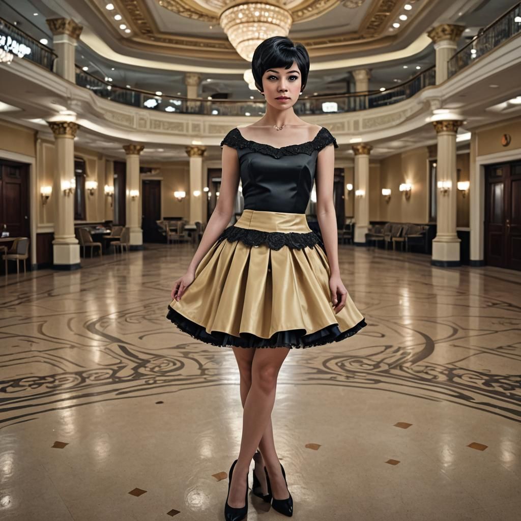 Woman in Donut Dress in Ballroom, Hyperrealistic