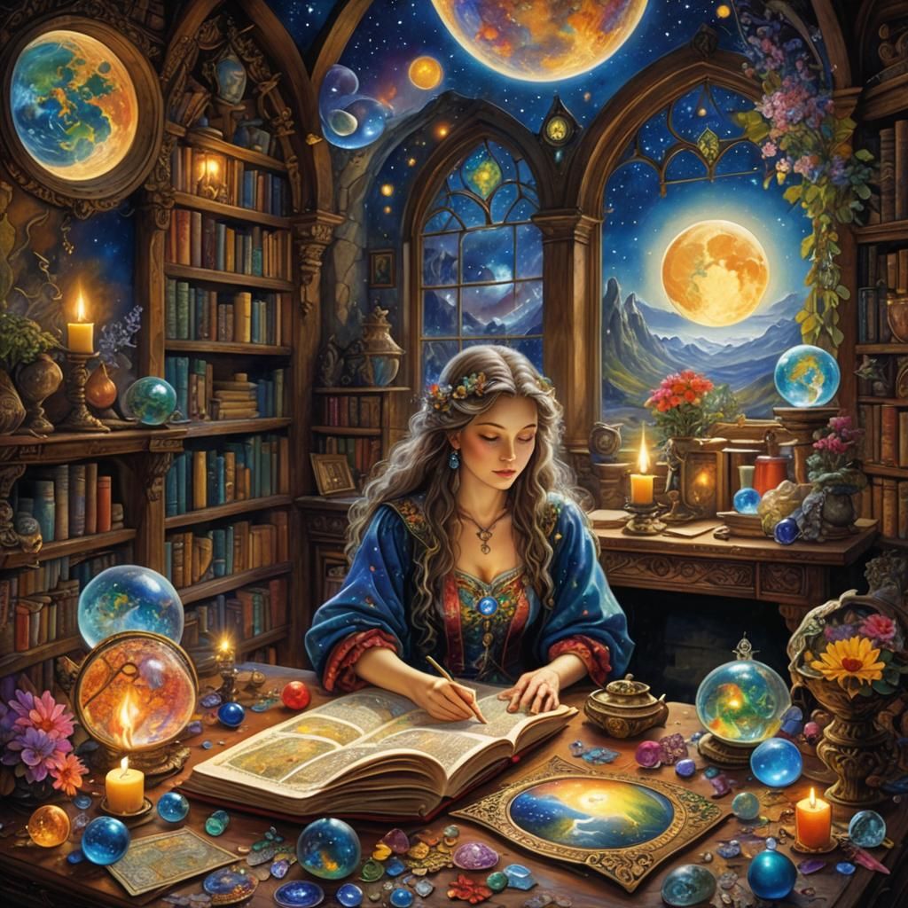 Sorceress Studying Maps in Celestial Study