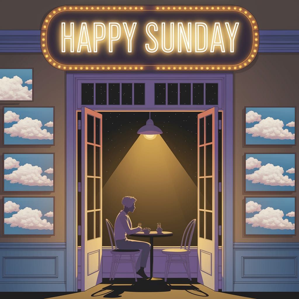 Cozy Cafe with Neon 'Happy Sunday' Sign