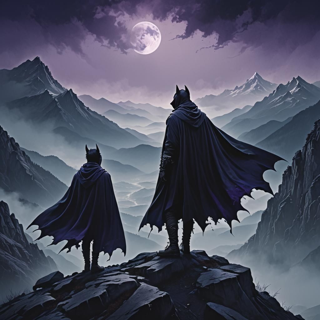 Dark Figure in Bat Cloak on Misty Peak
