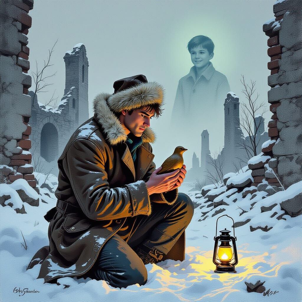 Melancholy Man in Ruins: Ukrainian Folklore Illustration