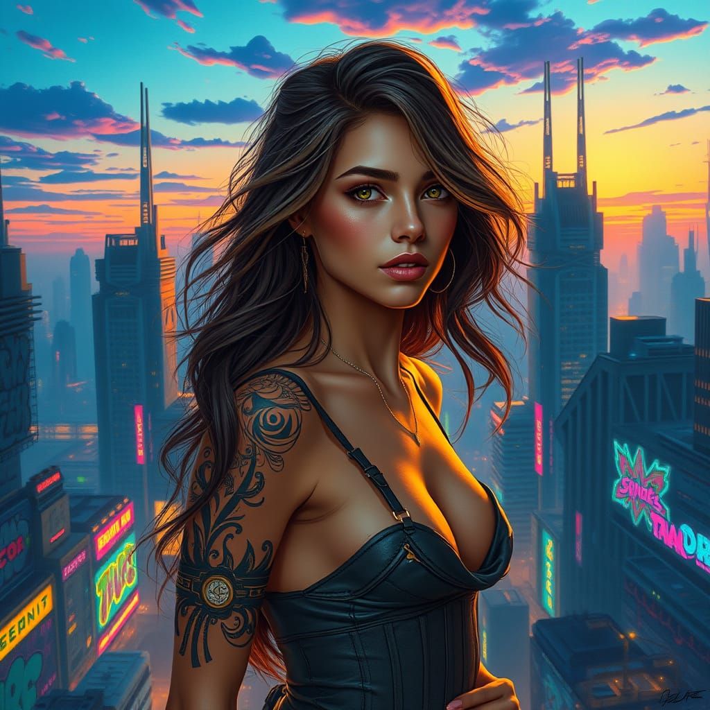 Ethereal Fantasy Goddess in Neon-Lit Cityscape