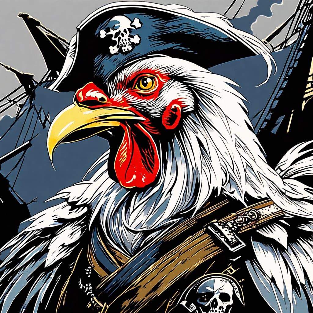 Grumpy Chicken Pirate on Flag, Anime Style