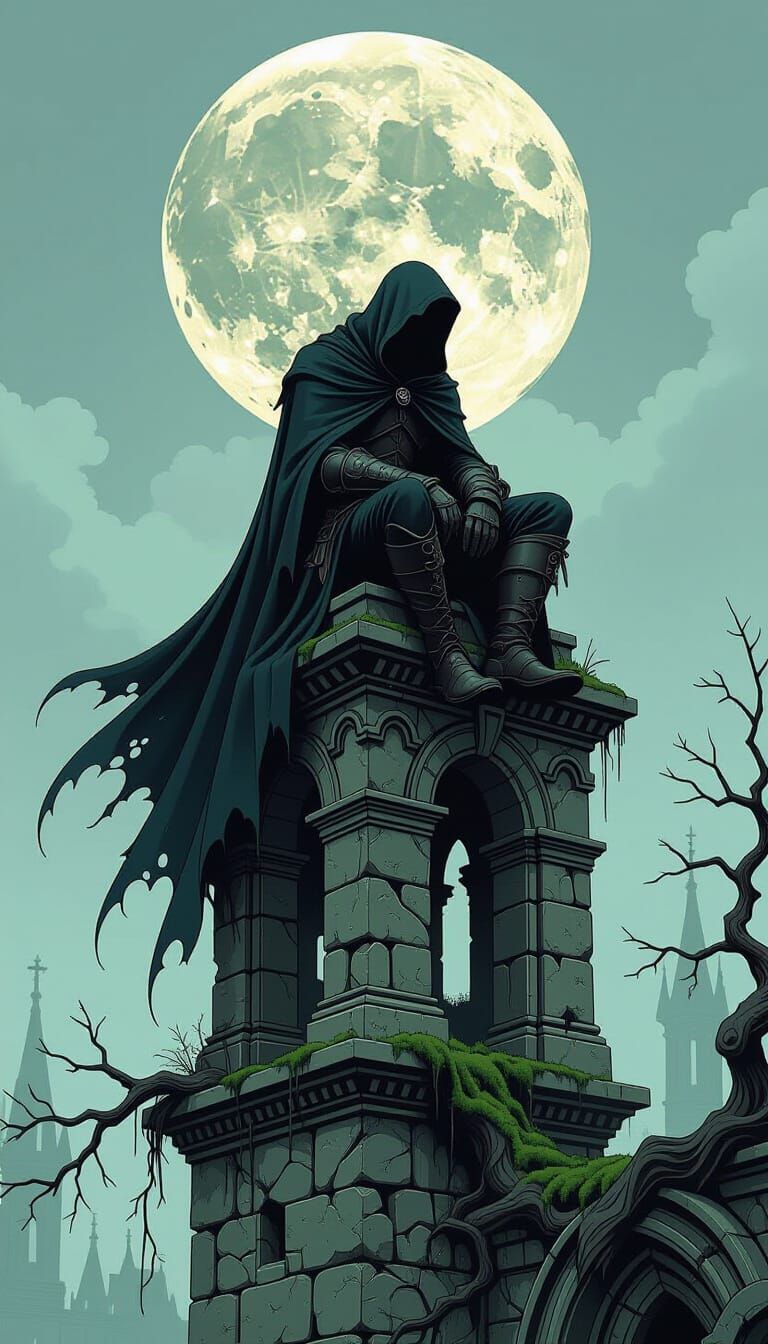 Gothic Creature Surveys Cathedral Ruins in Ethereal Moonligh...