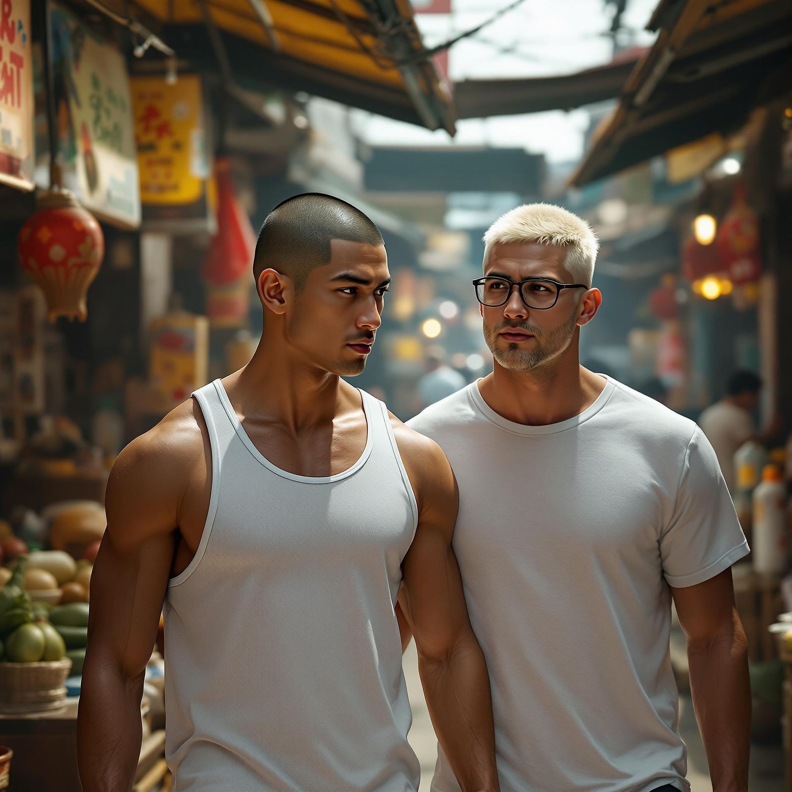 Two Men in Vietnamese Market: Hyperrealistic Comic Art