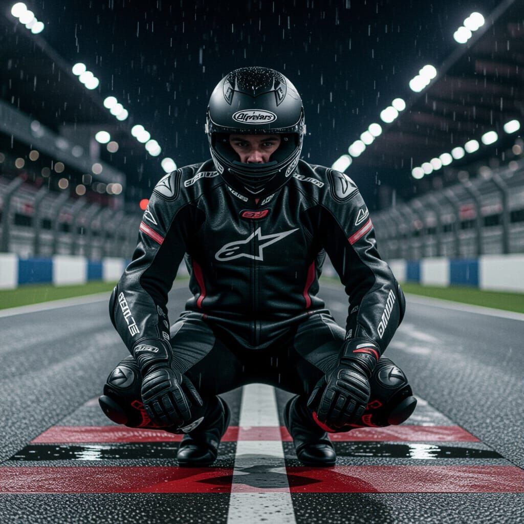 Motorcycle Rider at Starting Line in Racing Leathers