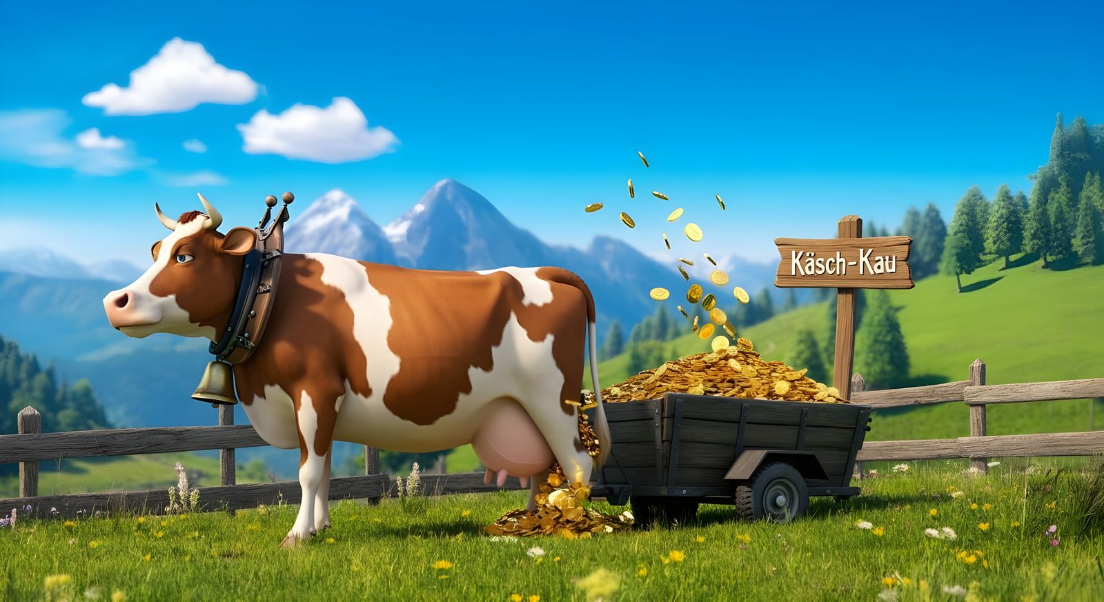 Cartoon Cow Dispensing Gold Coins in Pixar Style