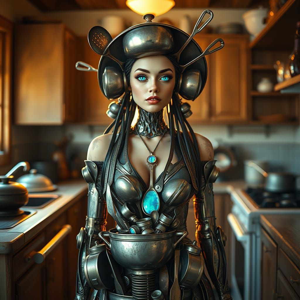 Woman Crafted from Kitchen Utensils in Realistic, Highly Det...