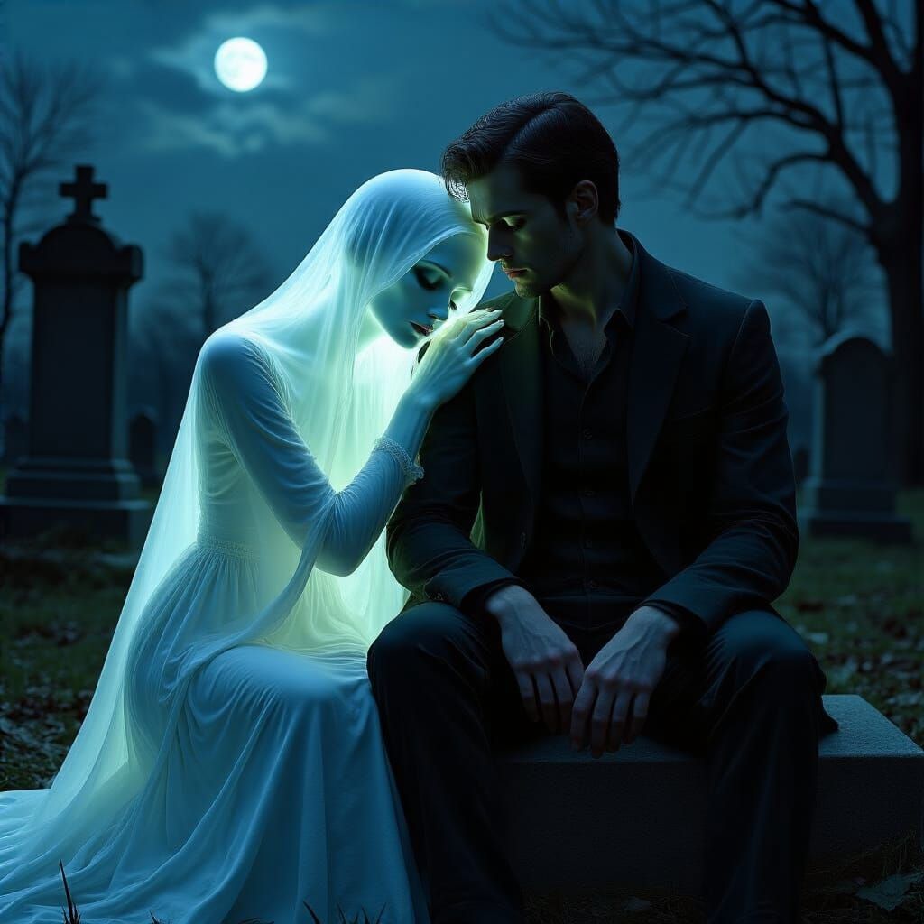 Ethereal Ghost Woman and Man in Moonlit Cemetery