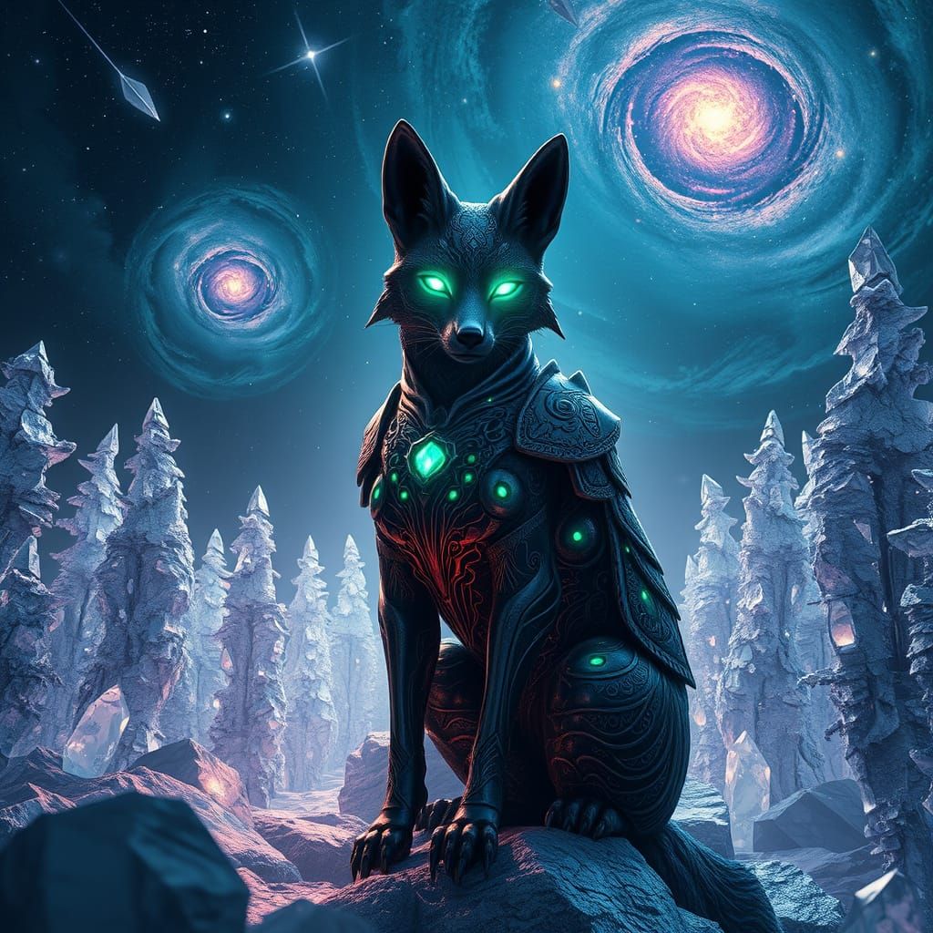Ethereal Cosmic Fox in Crystal Forest