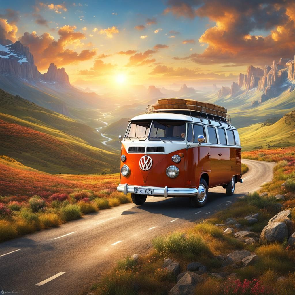VW Bus on Mountain Road: Photo-Realistic Landscape