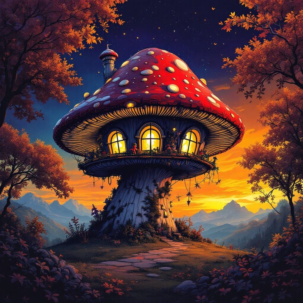 Whimsical Flying Mushroom House in Neo-Surreal Autumn Night