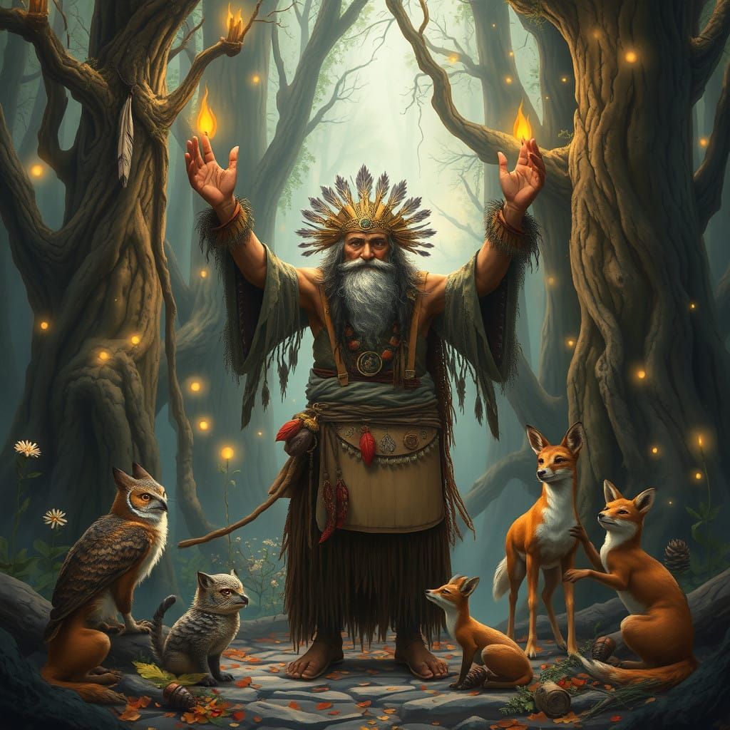 Shaman's Earthy Ritual in Mystical Forest Landscape