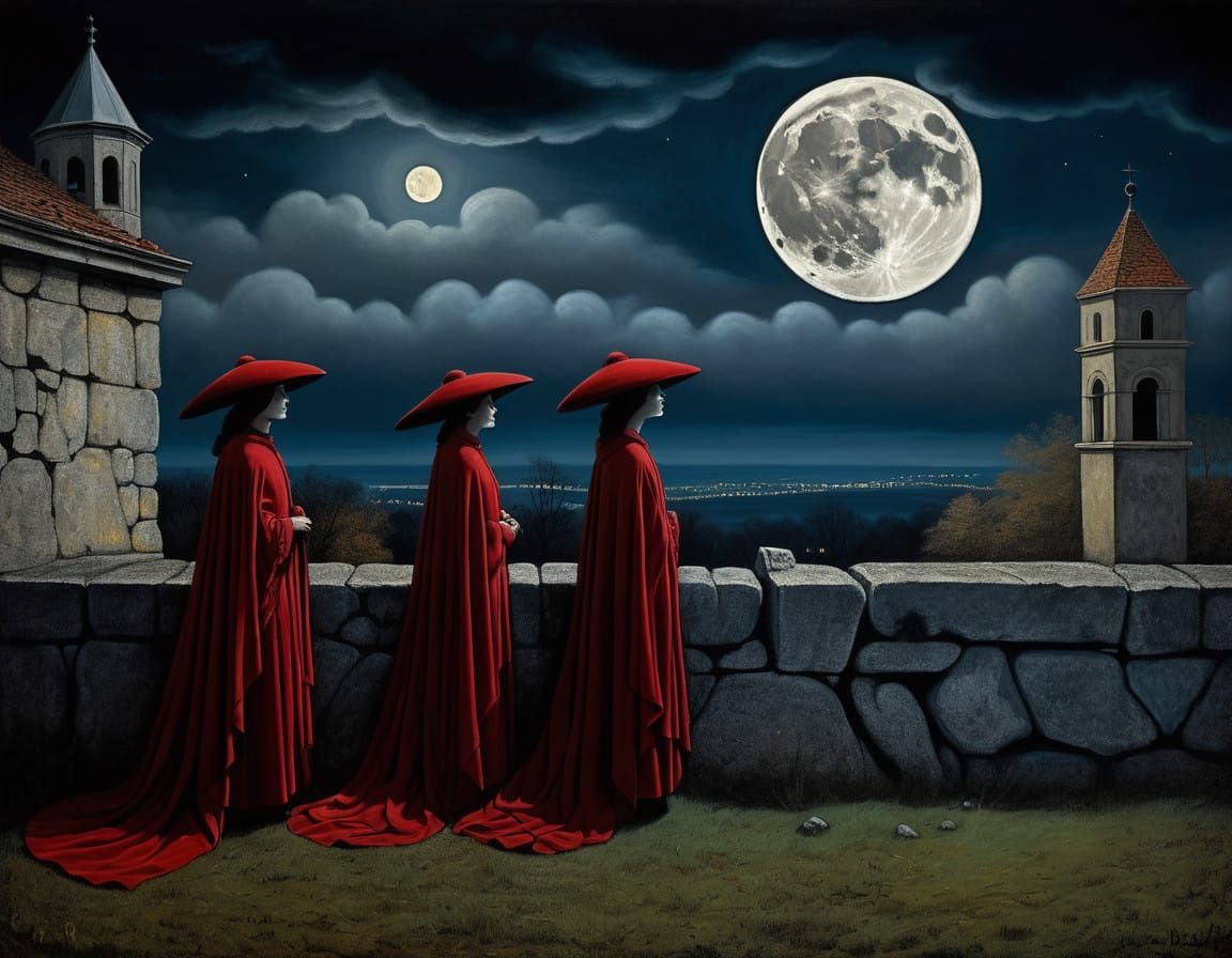 Moonlit Women in Crimson, a Haunting Impressionist Scene