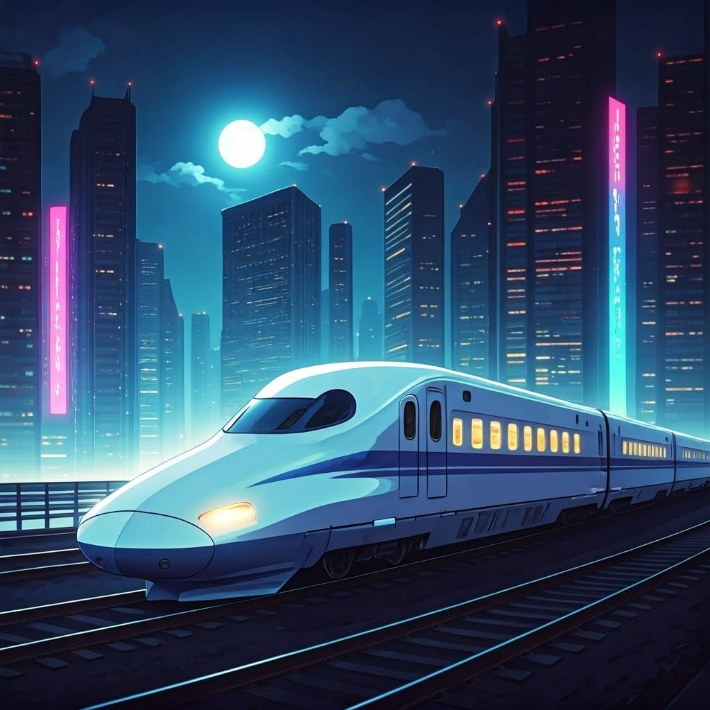 Futuristic Bullet Train at Night in Cyberpunk Style